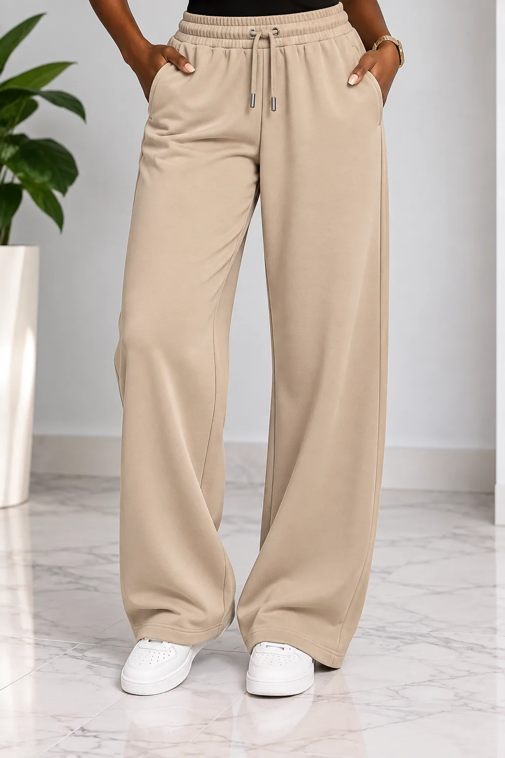 Unisex Premium Wide-Leg Cotton Sweatpants – Beige