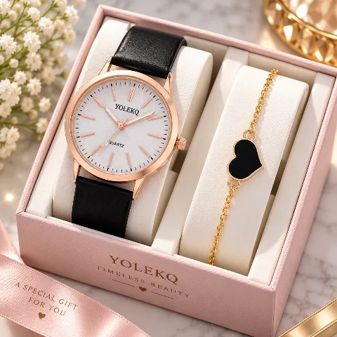 Women's Luxury Quartz Watch & Heart Bracelet Gift Set