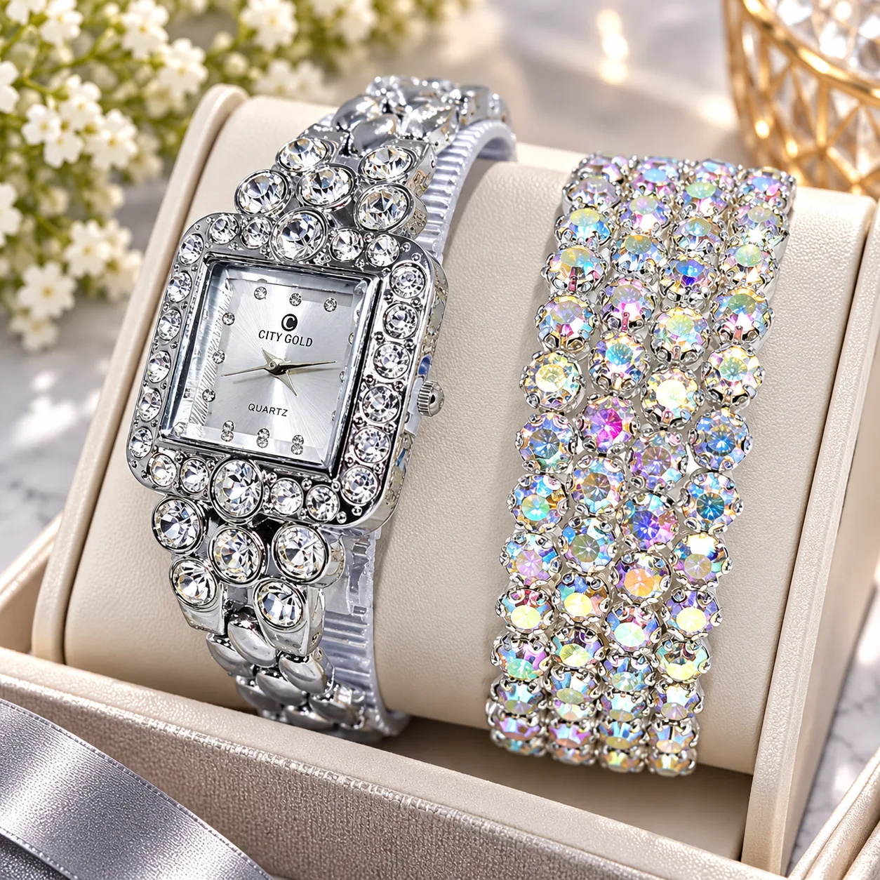 Ladies Silver Crystal Wristwatch & Rhinestone Bracelet Set